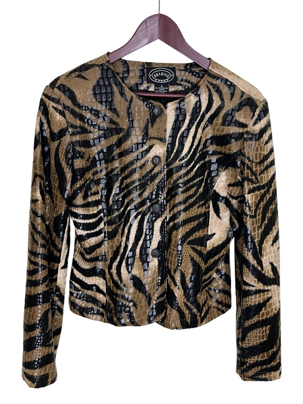 Selene Sport Vintage Animal Print Faux Leather Embossed Jacket. Size 8